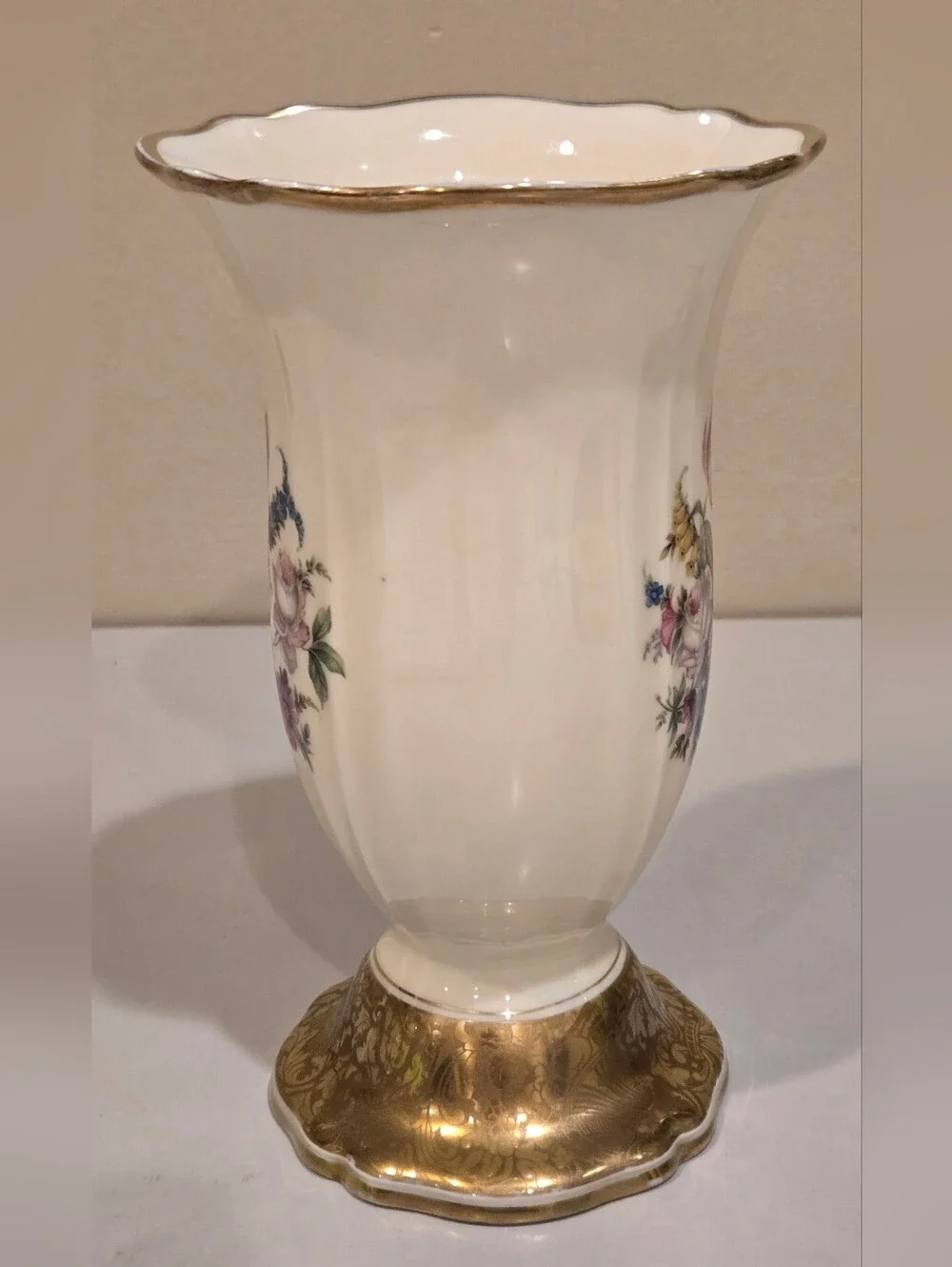 Antique 1930s Rosenthal Porcelain Floral Pedestal Vase Cream with Gold Trim